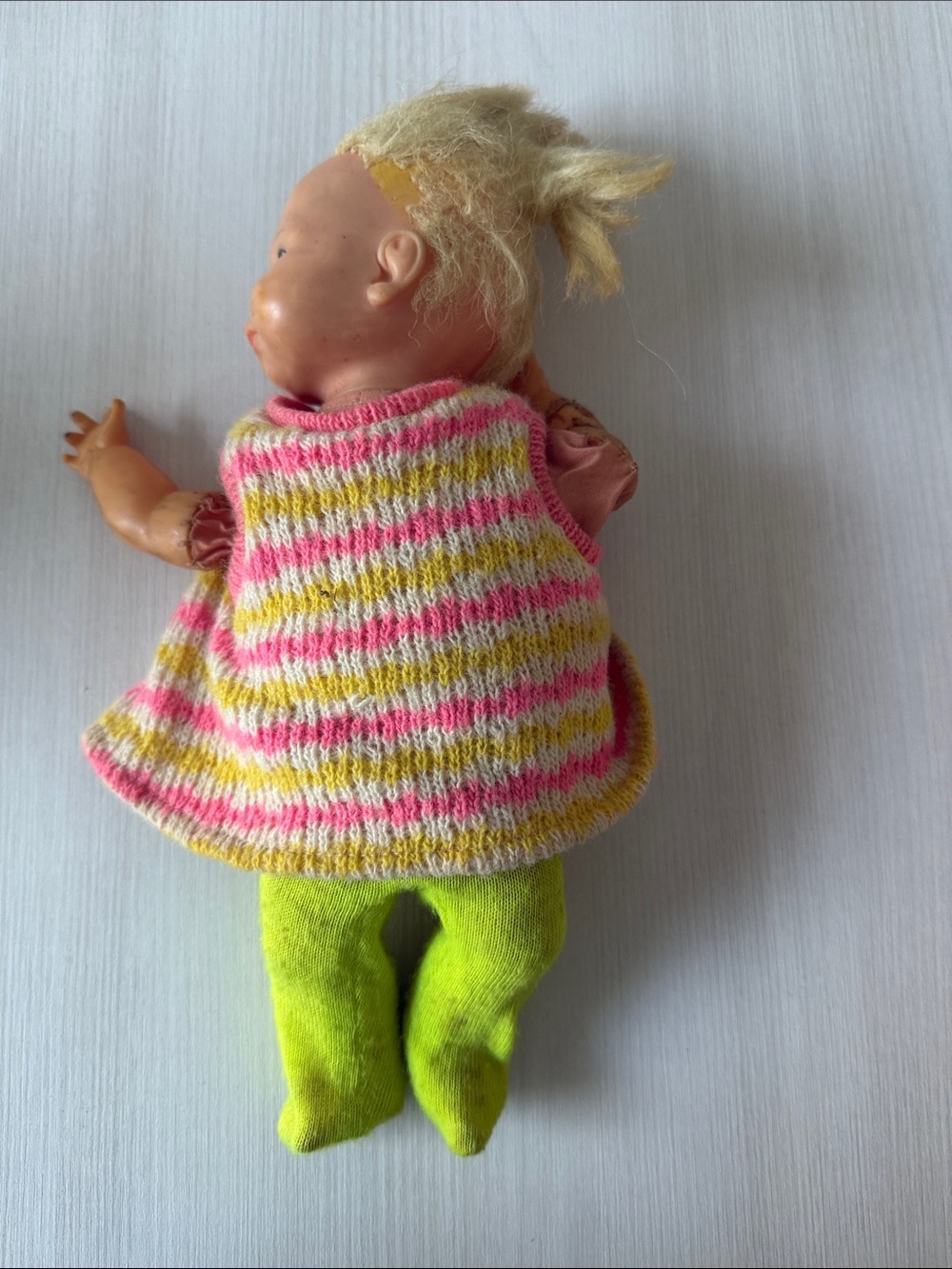 Vintage Baby Doll in Pink & Yellow Striped Knit Dress with Lime Green Pants